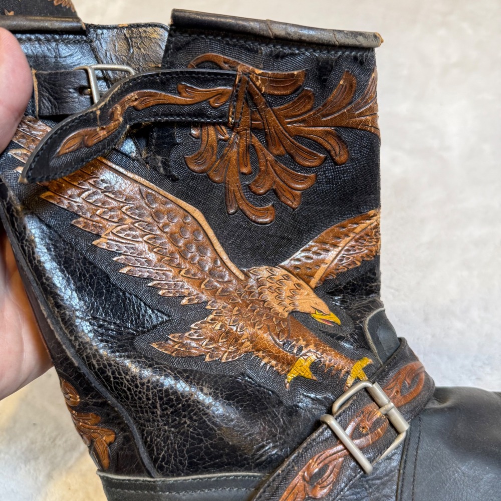 Vintage Mens Black Leather Eagle Star Tooled Motorcycle Boots 11 E 7042 - Picture 5 of 7